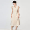 Elegant V-neck Beaded Flower Sleeveless Gown Design Sensation Dress Luxury Ladylike Midi A- line Skirt Polyester Cotton