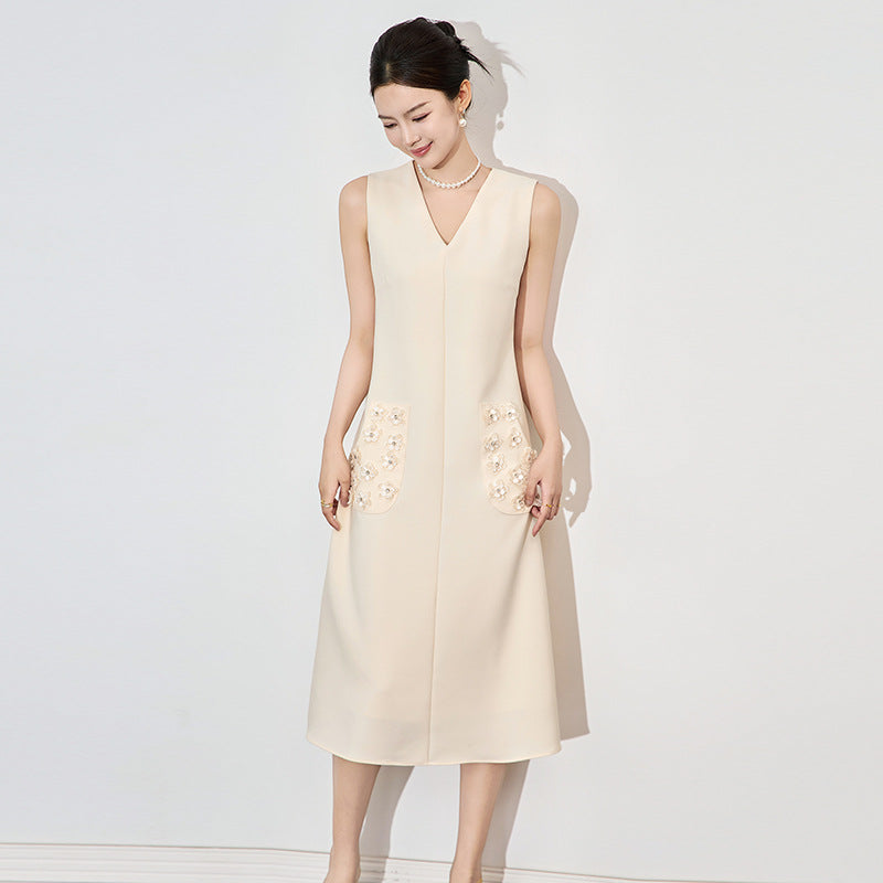 Elegant V-neck Beaded Flower Sleeveless Gown Design Sensation Dress Luxury Ladylike Midi A- line Skirt Polyester Cotton
