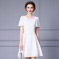 Elegant Countess Style Dress White Bubble Sleeve High Waist A- Line Summer New Arrival Heavy Embellished by Rhinestones