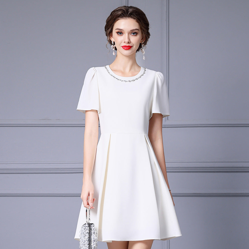 Elegant Countess Style Dress White Bubble Sleeve High Waist A- Line Summer New Arrival Heavy Embellished by Rhinestones