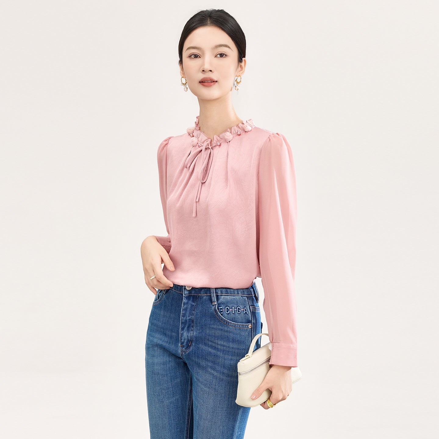 Elegant Grey Shawl Collar Shirt for Women with Bell Sleeves Textured Polyester Spring Summer Casual Fashion Breathable