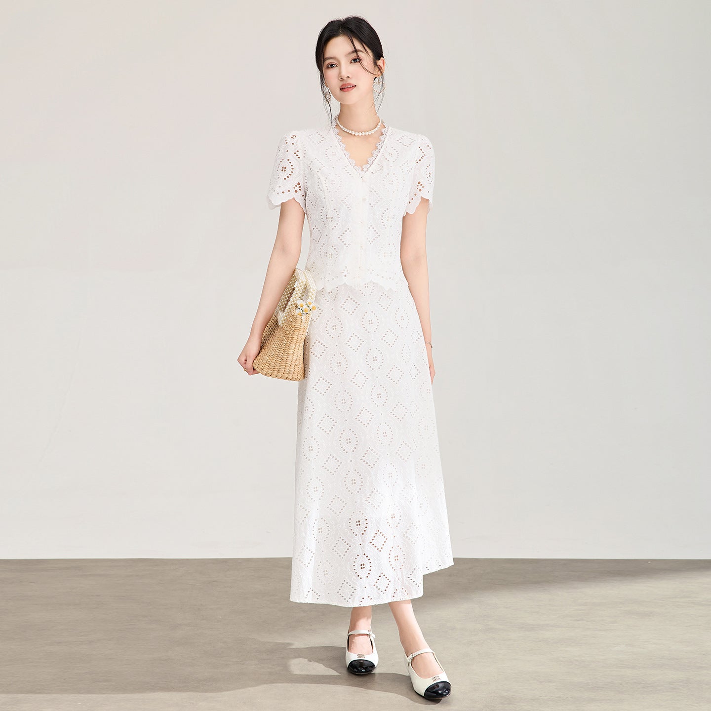 Elegant Fashion Socialite V-Neck Short Sleeve Lace Shirts High Waist A-line Long Skirts Two-piece Sets Women Summer