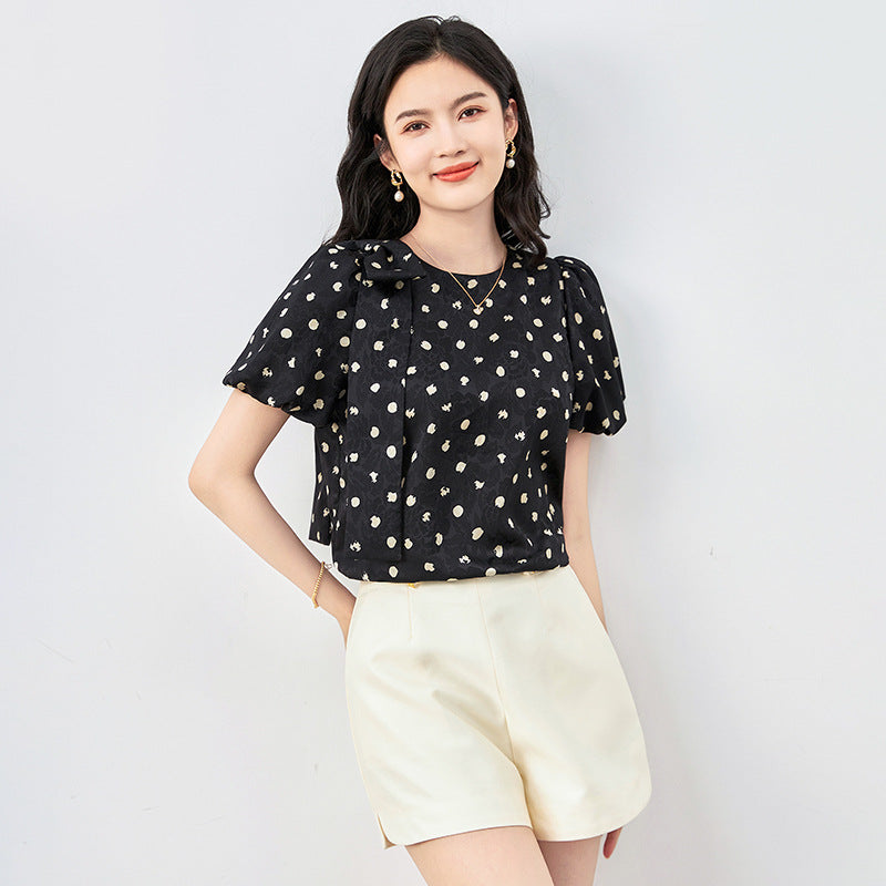 Elegant Office Lady Shirts Polka Dot Women Short Sleeve Blouse Summer Puff Sleeve Bow Fashion Tops Casual Blusas Femininas