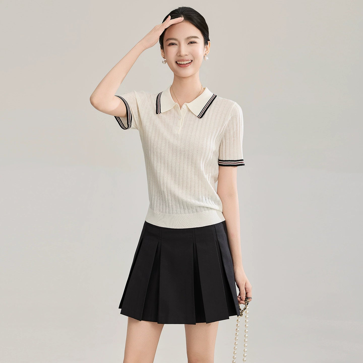 Solid Color Knit Polo Shirt Women Short Sleeve With Contrast Stripe Collar Jacquard Texture Slim Fit Commuter Top