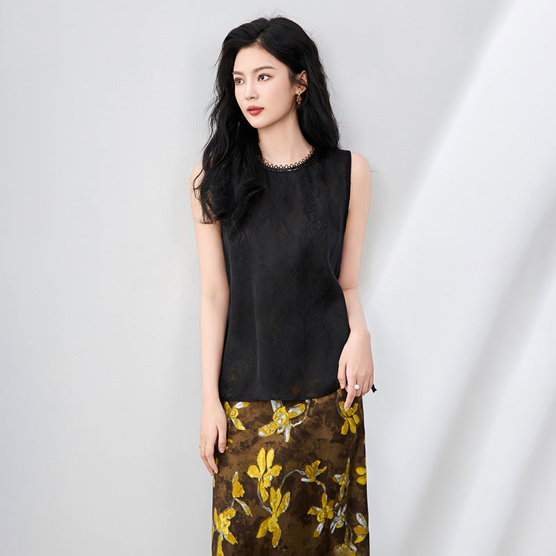 Elegant round Neck Lace Trim Splice Otago Shirts Fashionable Summer Tank Tops French Style Loose Fit Sleeveless Dresses