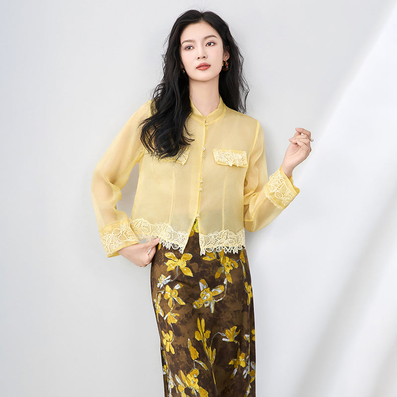 Shirt For Woman Spring New Commuter Stand-up Collar With Belt Silk Long Sleeve Top Women's Casual Black Shirt