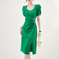 Women's Summer Thin V-Neck Slimming Waist Tie Long Side Slit Dress New Style Green Dress For Special Occasions