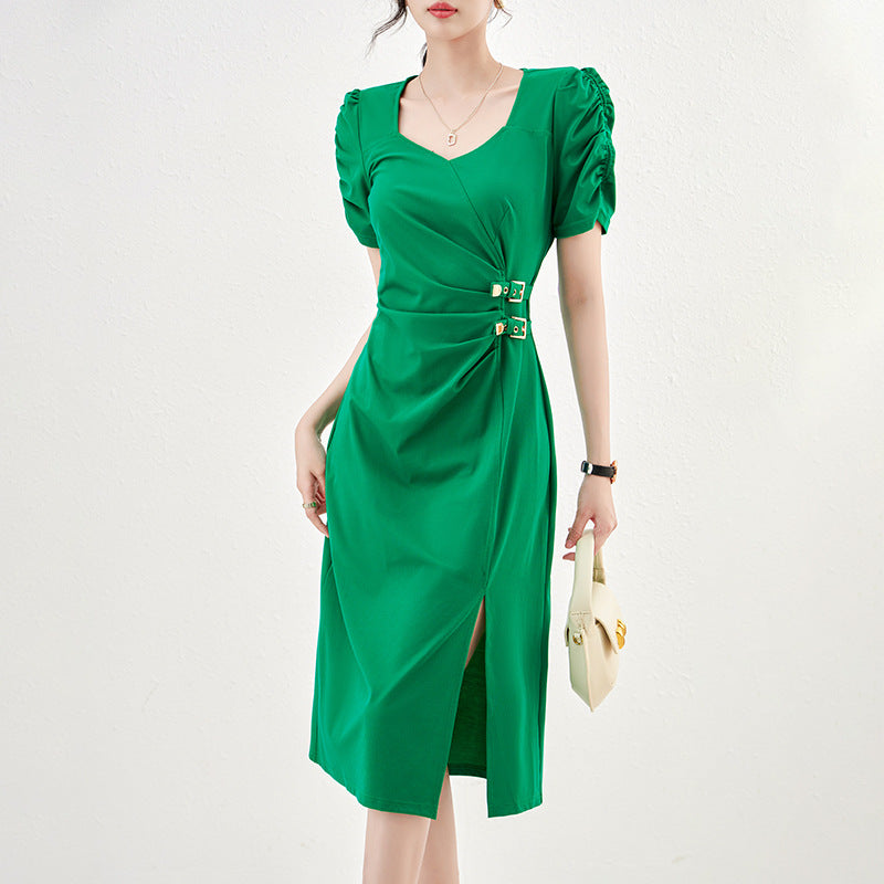 Women's Summer Thin V-Neck Slimming Waist Tie Long Side Slit Dress New Style Green Dress For Special Occasions