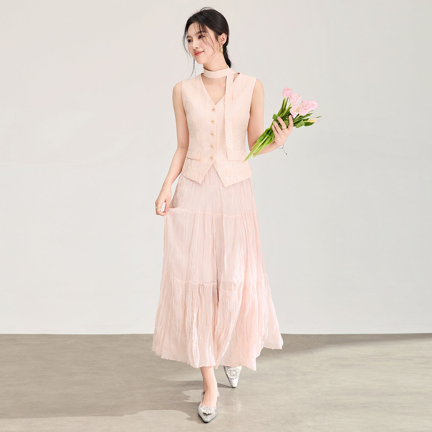 Black Slimming Pleated Vest Long Skirt Set Commute Elegant Two-Piece Suit Office Lady Casual Polyester Spring Autumn New Style