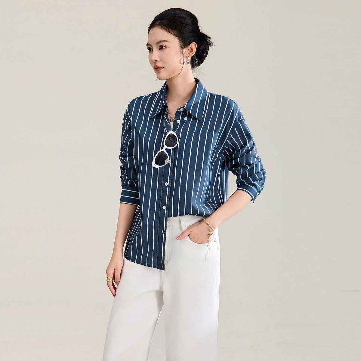 Spring and Autumn Commuter Tone Textured Blue White Striped Shirt Korean Style Versatile Casual Long Sleeve Shirt for Women