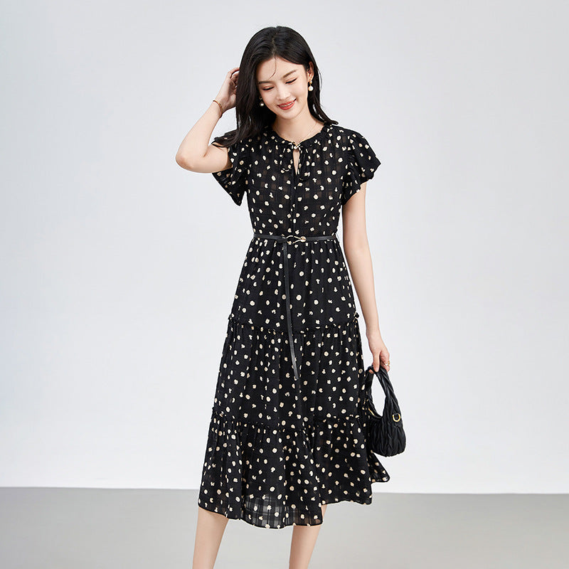 Elegant Polka Dot Summer Dress Shoulder Sleeve round Neck Midi Dress Women's Fashionable Classy Polyester Fibre Skirt