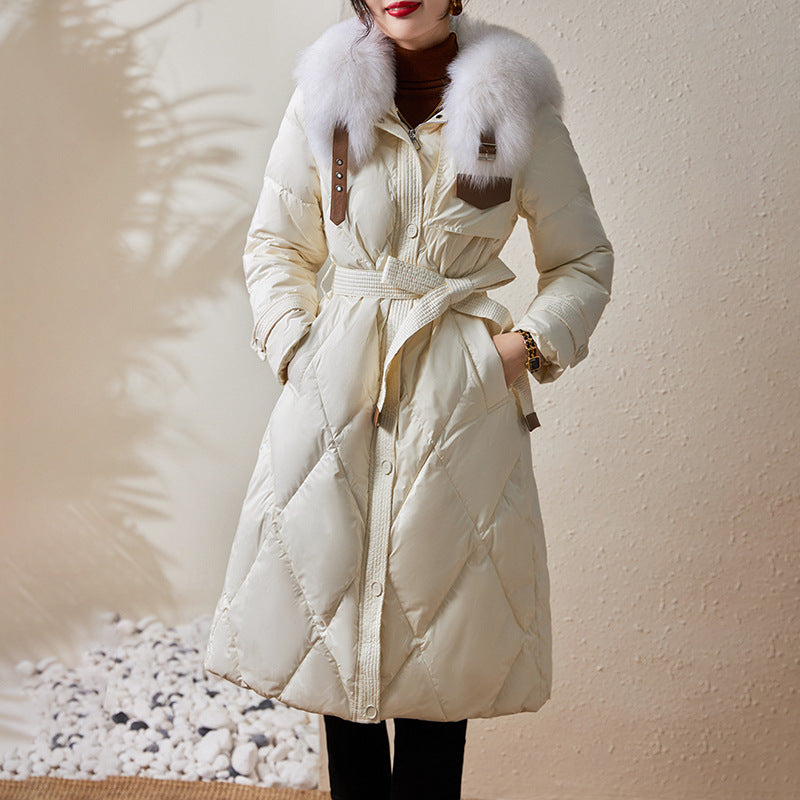 Women's Thiened Genuine Leather down Jaet eepskin Fur Collar Slim Fit Mid-Length Zipper Closure Coat