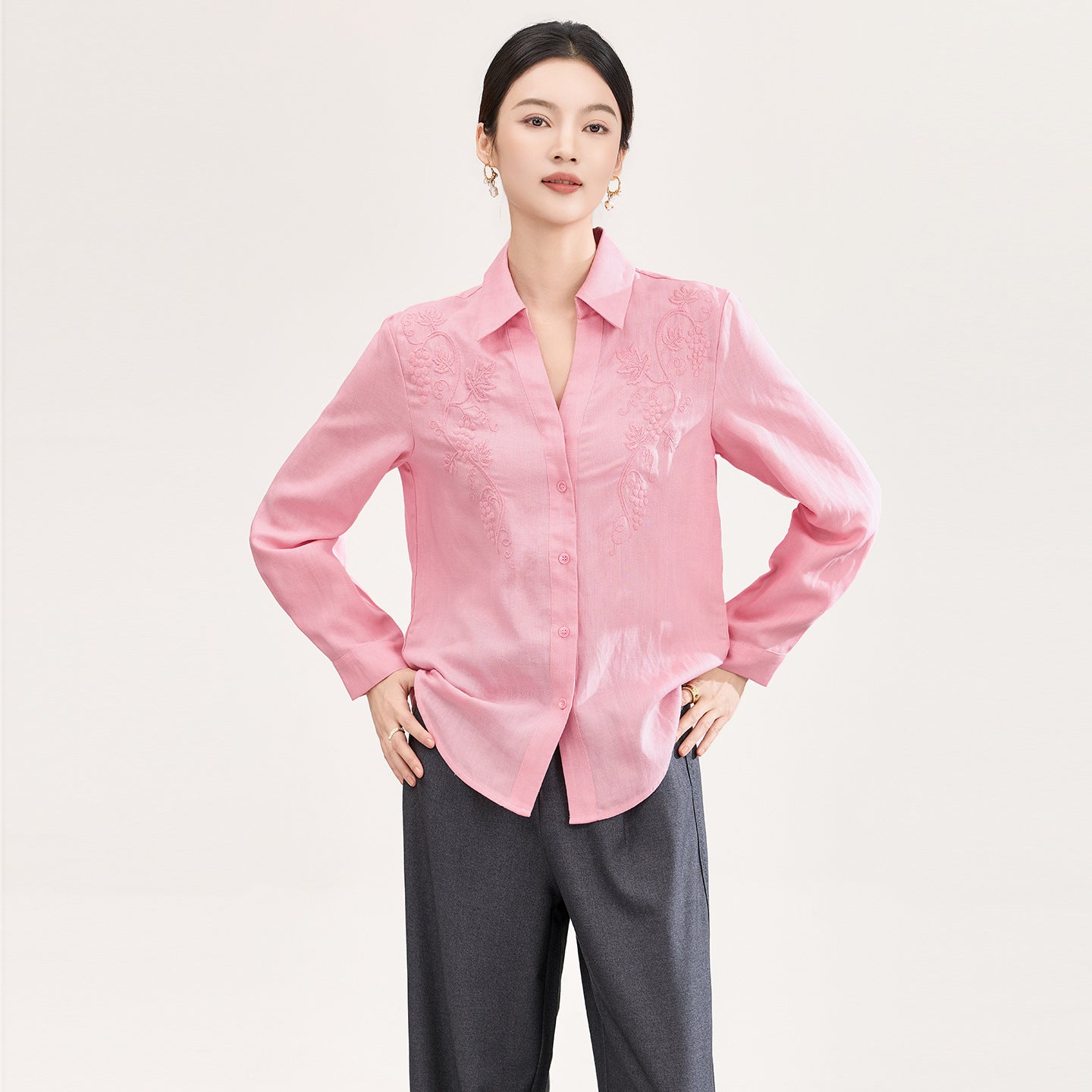 New Silk Satin Long Sleeve Loose Commute Shirt Women's 3D Effect Wisteria Flower Embroidery Elegant Business Casual Top