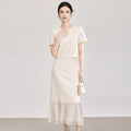 French Elegant Socialite Commuting Outfits Round Neck Short Sleeve Crop Tops Organza Spliced Mermaid Skirt Two-Piece Sets