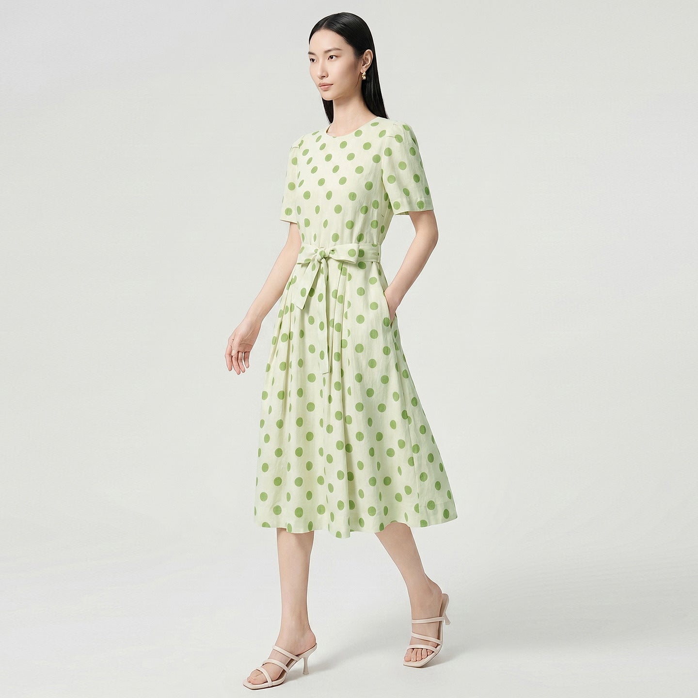 Hebe Style Large Size Retro French Polka Dot Midi Dress with Turn-down Collar for Year-end Performance Dance Skirt Dress