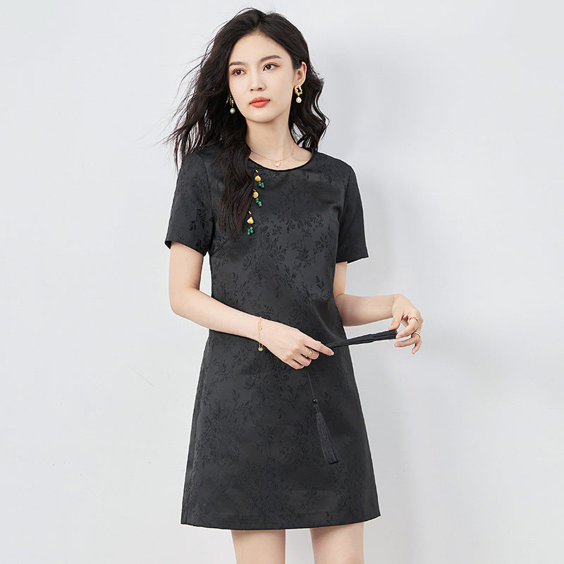 Elegant Silk Cheongsam Dress Women's Mid-aged Summer Vintage High-end Mommy Dress Fragrant Cloud Silk Print No-iron Processing