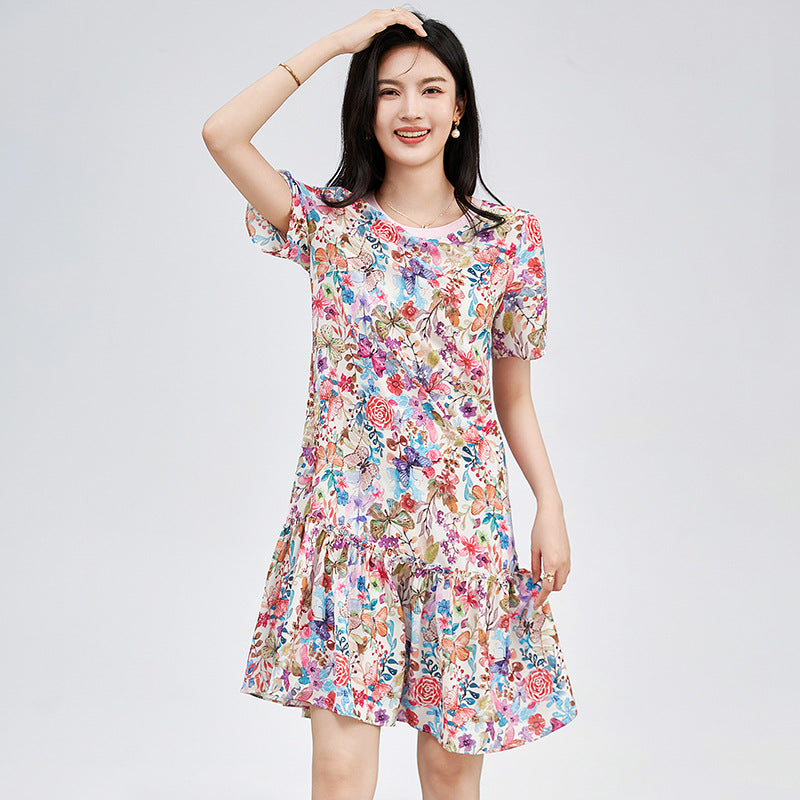 Elegant Summer Print Design Women's Dress High Waist Short A- Line Skirt round Neck Short Sleeve French Style Fashion Commute