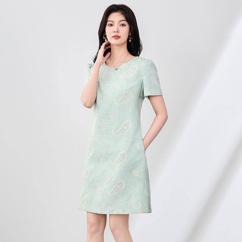 Elegant Green Floral Embroidery Dress Women's High Waist A-Line Skirt Slimming Spring Summer New Arrival Chinoiserie Style