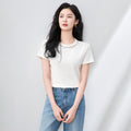 Fashionable Commute Simple round Neck Slim Fit Short Sleeve T-Shirt Women's Summer New Style Pearl Button Embellished Top