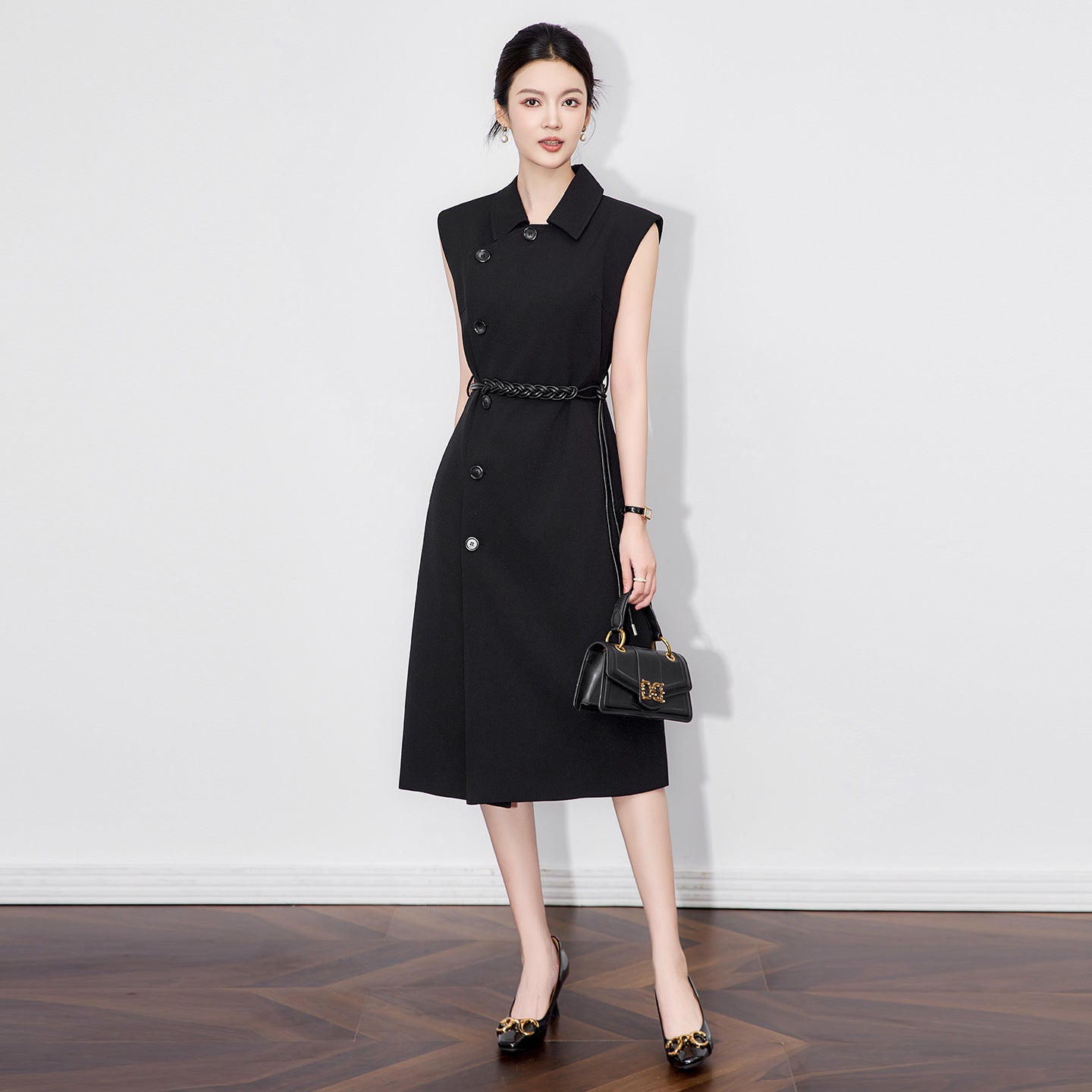 Elegant Minimalist Midi Dress for Women Spring Summer Early Spring New Style High Waist Sleeveless Three Acetate Fiber 100%