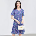 French Fashion Floral Print Chiffon Dress Casual Slimming A- Line Midi Dress round Neck Short Sleeve Quality Sensation Elegant..