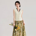Spring Commute Style Knitted Vest Women's Slim Fit V-Neck Sleeveless Base Layer Top Front Back Two-Way Wear Floral Pattern
