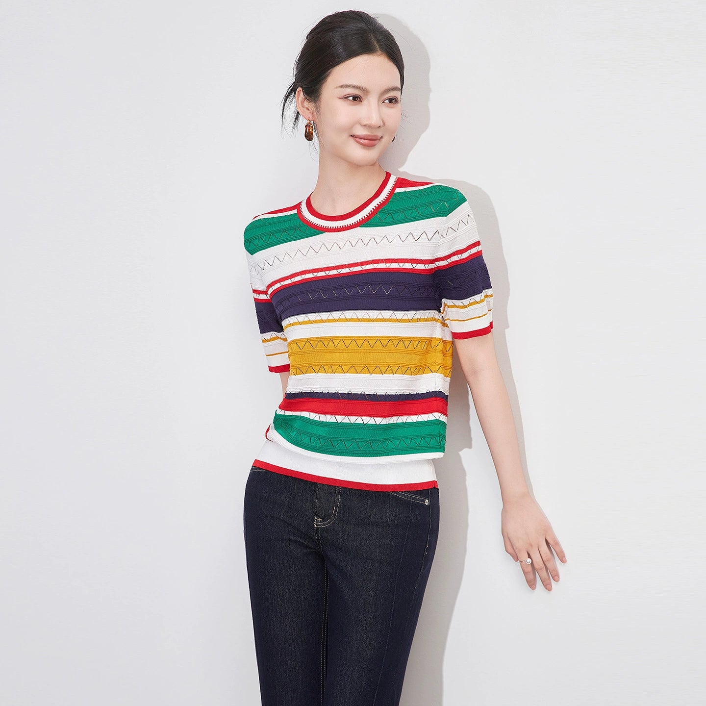 Women's Fashion Casual Top Spring Elegant Versatile Round Neck Color-Block Knit Sweater Slim-Fit Flattering Half-Sleeve Pullover
