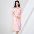 Elegant Knot Belted Short Sleeve Dress Waist Cinched A-Line Skirt High Waist Polyester Fiber round Neck Summer Dress