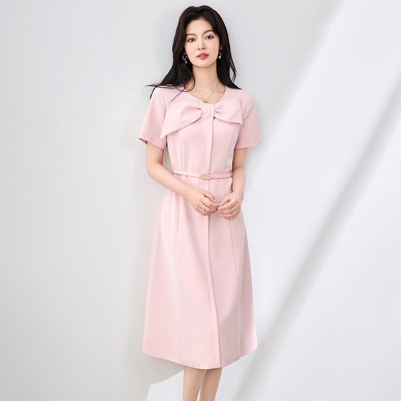 Elegant Knot Belted Short Sleeve Dress Waist Cinched A-Line Skirt High Waist Polyester Fiber round Neck Summer Dress