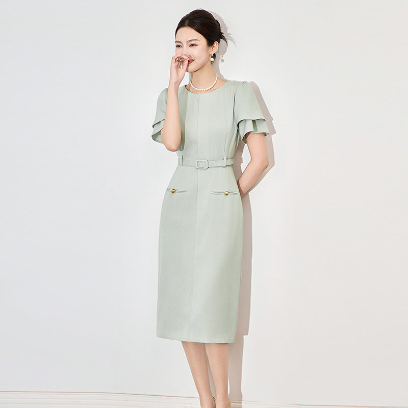 Elegant Fashionable Office Women's Dress Slimming Wrap Skirt Midi Length Polyester Fiber round Neck Short Sleeve Midi Dress
