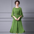 Silk Dress Women's Summer New Style O-Neck Short Sleeve Skirt Silk Belt Waist Slim Solid Color Knee Length Dress