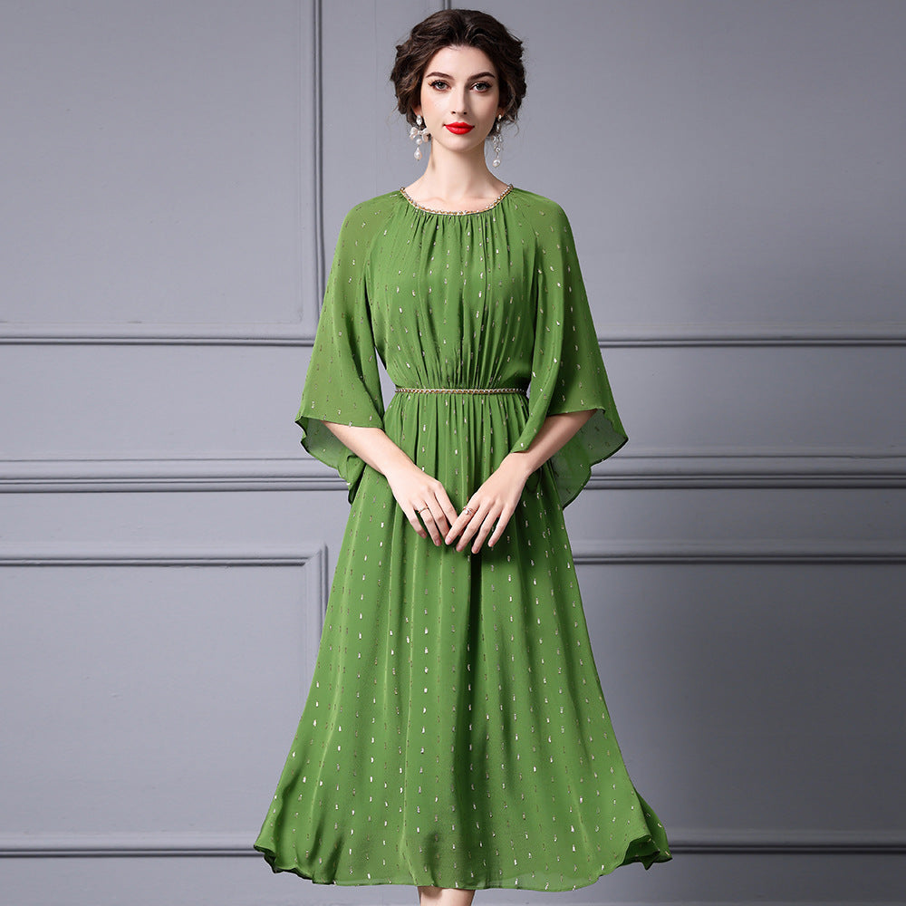 Silk Dress Women's Summer New Style O-Neck Short Sleeve Skirt Silk Belt Waist Slim Solid Color Knee Length Dress