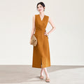 New Brown Style Women's Dress Slimming Midi Skirt Sleeveless V-Neck Breathable Comfortable Casual Fashionable