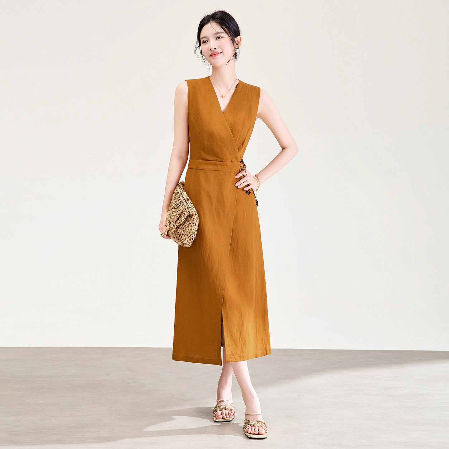 New Brown Style Women's Dress Slimming Midi Skirt Sleeveless V-Neck Breathable Comfortable Casual Fashionable