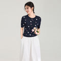 Summer Women's Slim Fit Round Neck Short Sleeve T-Shirt Sweet Pink Cable Texture Bird and Rose Embroidery Top Casual Fashion