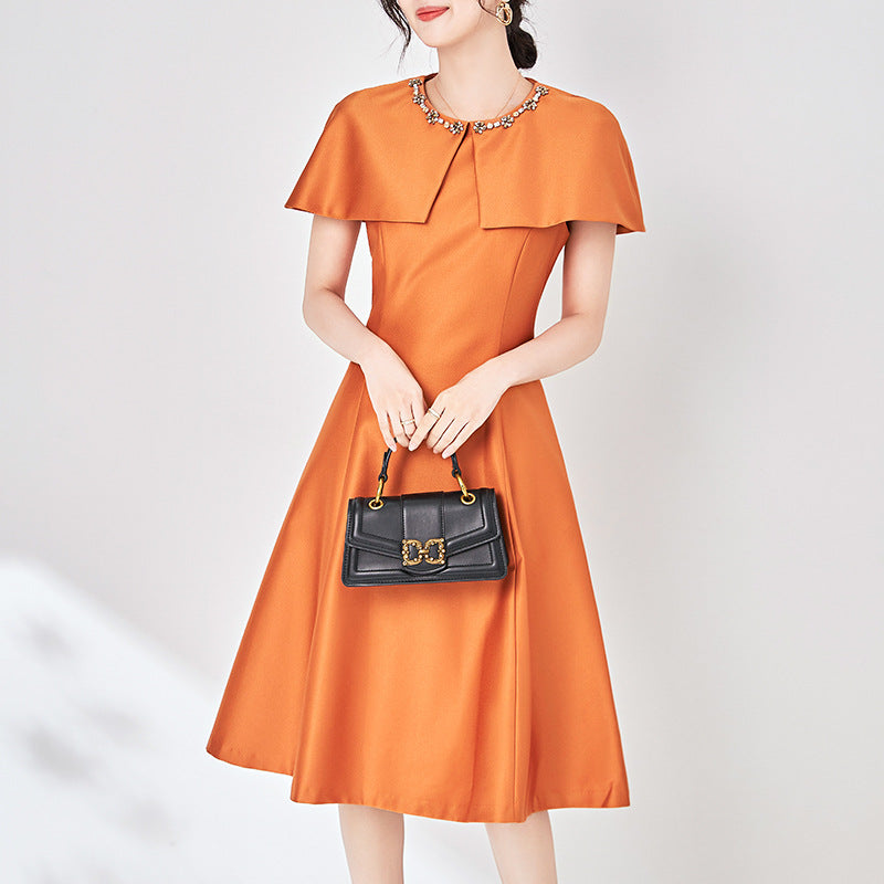Elegant round Neck Diamond Embellished Sleeve Cover Dress Ball Gown Midi A- Line Skirt Polyester Viscose Fabric