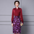 French Elegant Floral Jacquard Dress Women Bubble Sleeve Satin Patchwork Dresses Autumn High Waist Pleated Midi Vestidos