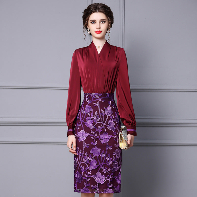 French Elegant Floral Jacquard Dress Women Bubble Sleeve Satin Patchwork Dresses Autumn High Waist Pleated Midi Vestidos