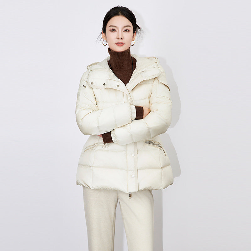 Women's down Jacket Hooded Arc Waist Design Belly Concealing Short Length Bright Surface Small Waist Effect