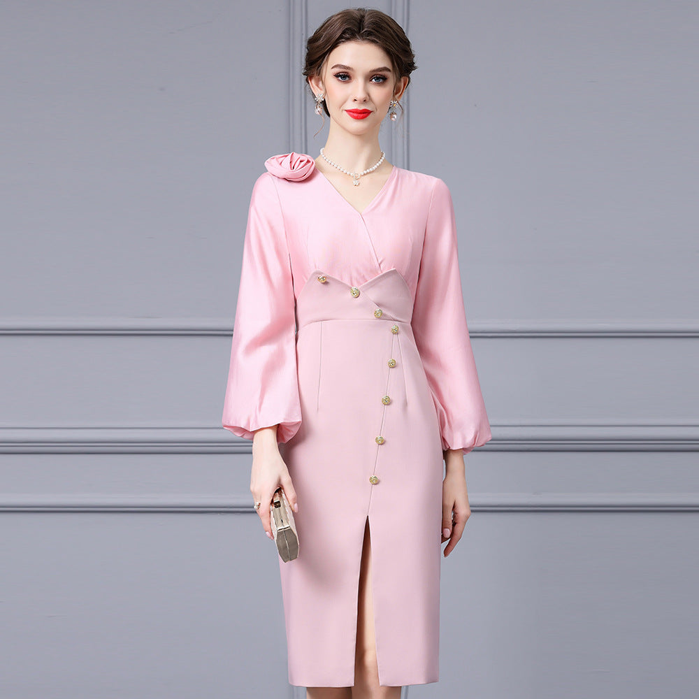 Elegant V-Neck Color Blocking Patchwork Side Slit High-End Socialite Style Dress Sensibility Autumn New Arrival