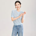 Spring Summer Women's round Neck Striped Knitted Short Sleeve T-Shirt Thin Loose Fit Casual Style Outerwear Versatile Top