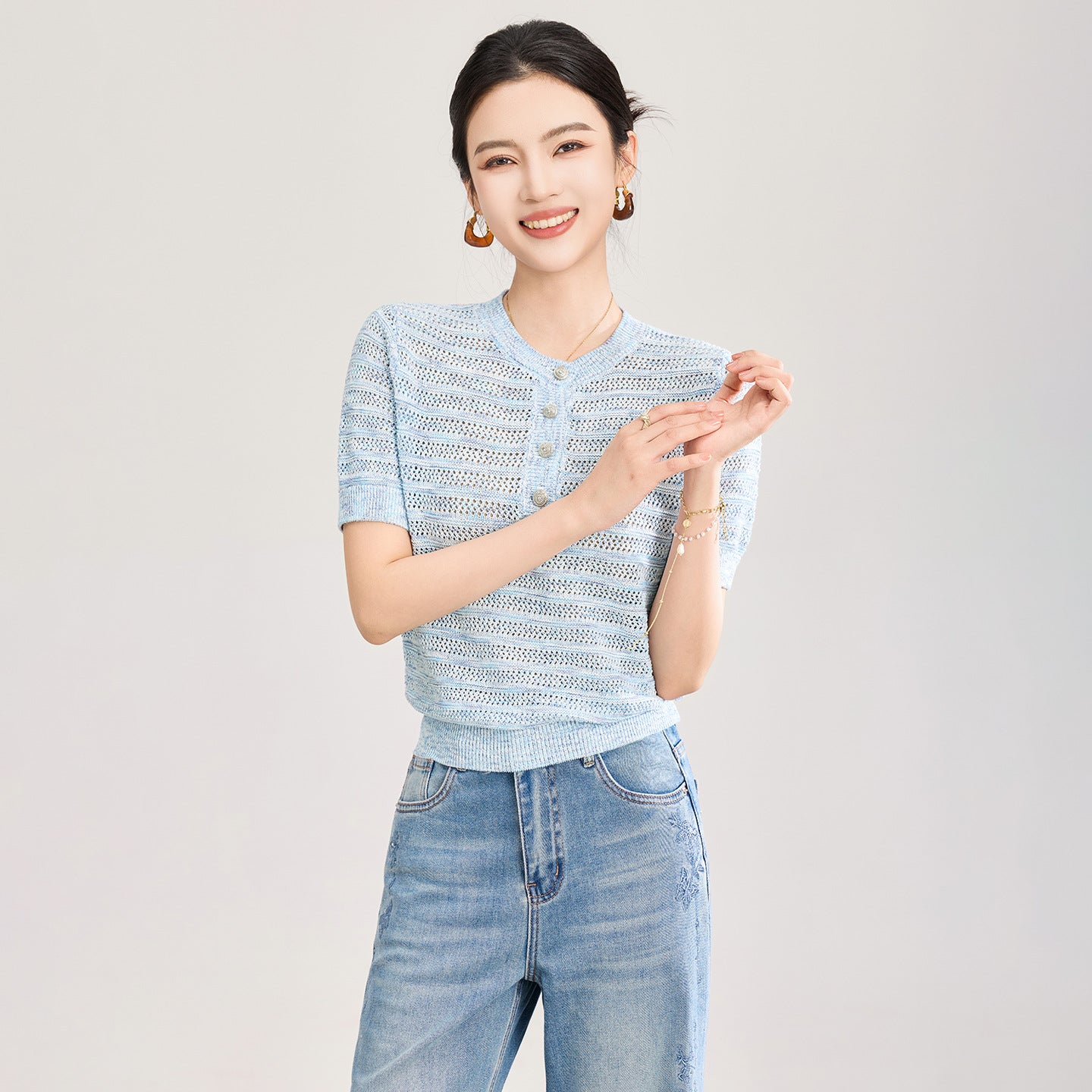 Spring Summer Women's round Neck Striped Knitted Short Sleeve T-Shirt Thin Loose Fit Casual Style Outerwear Versatile Top