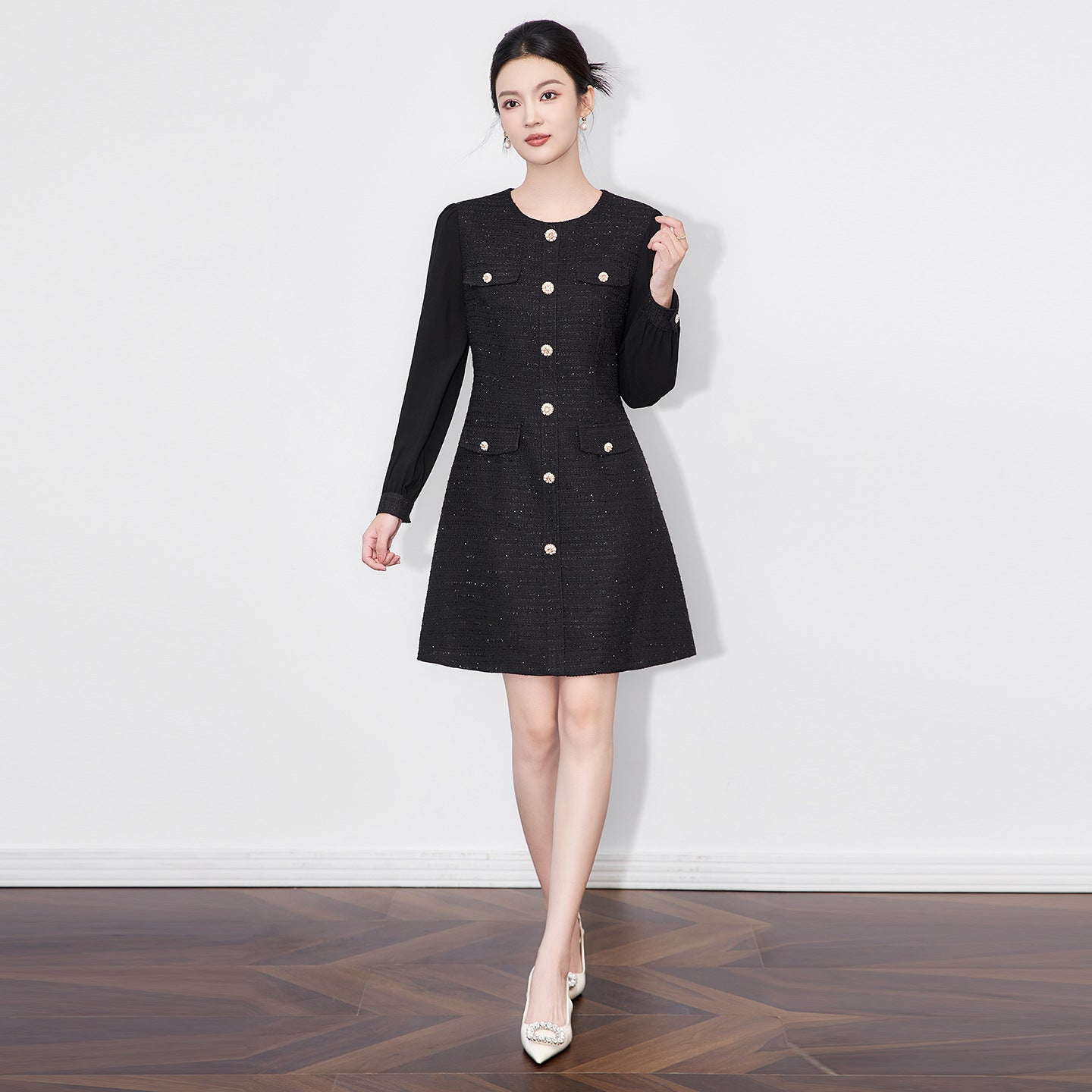 Elegant A- Line Dress Luxury Light French Style Waist-Cinching Woolen Skirt High Waist Long Sleeve round Neck Bubble Sleeve Dres