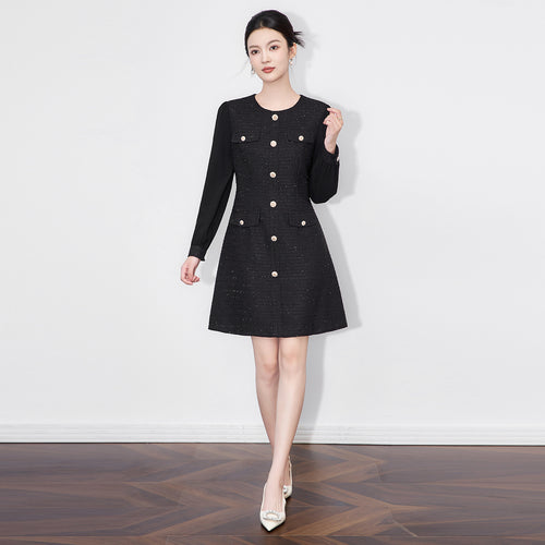 Elegant A- Line Dress Luxury Light French Style Waist-Cinching Woolen Skirt High Waist Long Sleeve round Neck Bubble Sleeve Dres