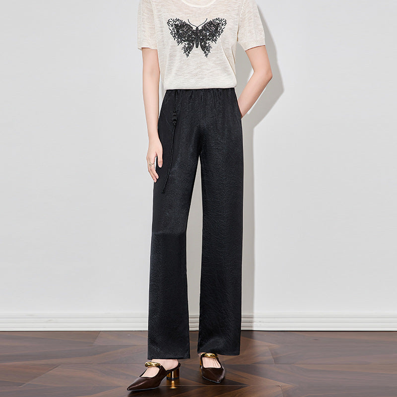 Women Casual Pants Summer New Wrinkled Flowing Satin New Chinese Style Wide Leg Pants