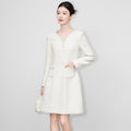 French Elegant Temperament Socialite Beaded Diamond V-neck Long Sleeve High Waist Versatile Tweed Short Dress for Women Winter