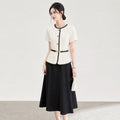 Fashionable Summer Short Sleeve Dress Slimming Color Block round Neck Mid Length Women's Skirt Professional Style Knee Length