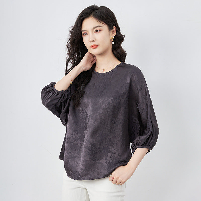 100% Natural Mulberry Silk Jacquard Satin Green Purple T-shirt Silk Round Neck Seven Quarter Sleeve Top Women's Chinese Style