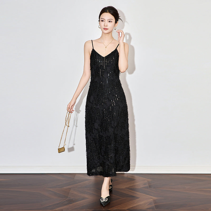 Elegant V-neck Tassel Sequin Heavy Work Midi Strapless Gown Fashionable Luxury South Oil Design Sense Midi Dress