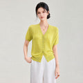 Summer Women's V-neck Open Cardigan Short Sleeve T-shirt Hollow out Thin Lenzing Lyocell Pure Color Knitted Top